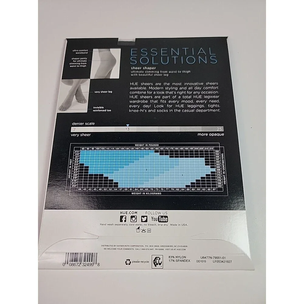 NEW HUE Essential Solutions Sheer Shaper Size 1 (Small)  Black Pantyhose #6477N